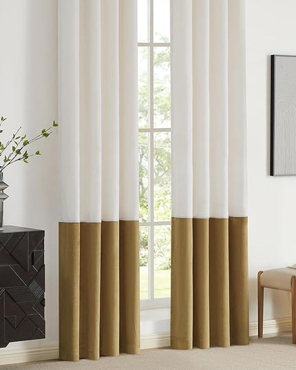 BULBUL Color Block Window Curtains Panels 96 inches Long Cream Ivory Gold Velvet Farmhouse Drapes for Bedroom Living Room Darkening Treatment with Grommet Set of 2