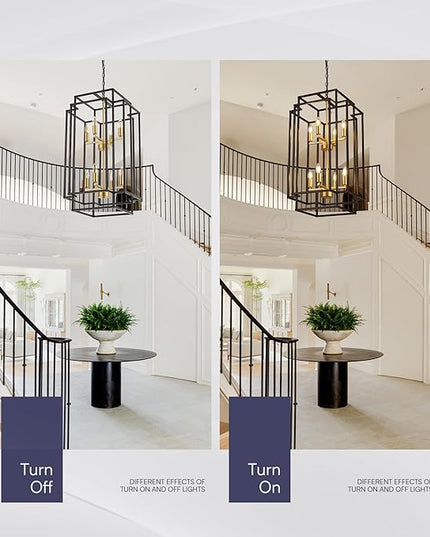 8-Light Lantern Tiered Pendant Light Fixtures, Black Metal Farmhouse Chandelier Hall Foyer Hanging Chandelier for Kitchen Island Dining Room Living Room Foyer Entryway, Black+Gold