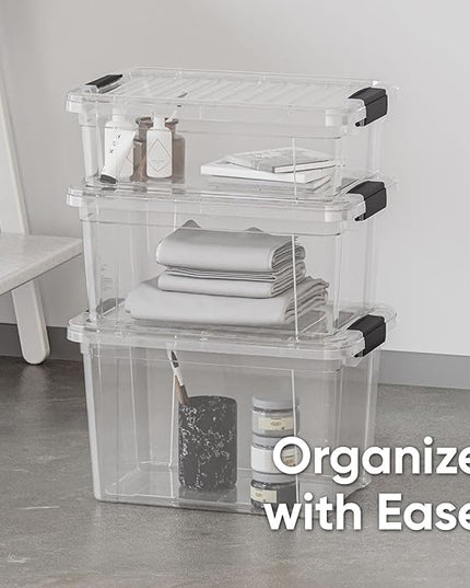 Superio Storage Bins with Lids- 4 Pack, 7.4 Qt Clear Boxes for Organizing, Stackable Plastic Containers- BPA Free, Non-Toxic, Odor Free, Organizer for Home, Office, Dorm