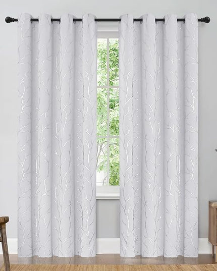 BUHUA White Black Out Curtains 84 Inch Long 2 Panels, Soundproof Curtains with Elegant Silver Tree Branches Print, Heat Blocking Curtains for Livingroom, 52W x 84L, Greyish White