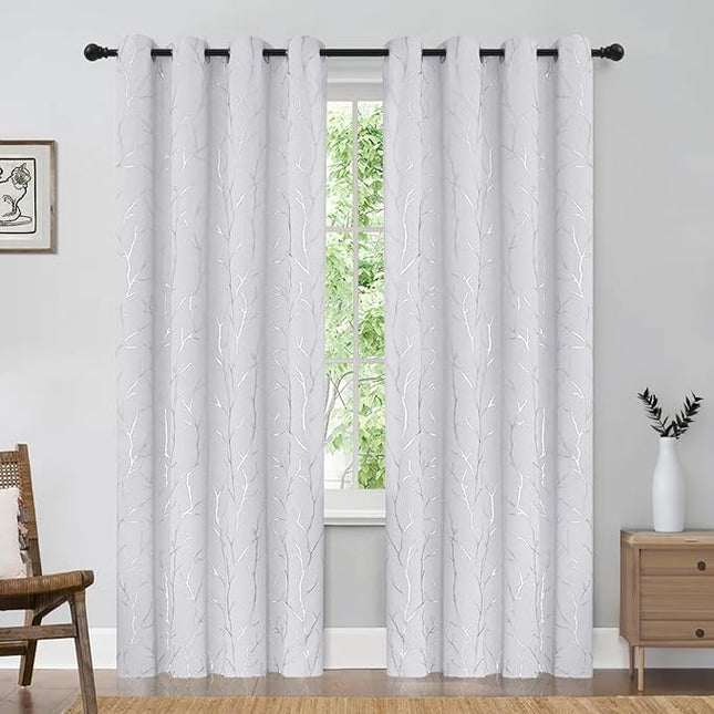 BUHUA White Black Out Curtains 84 Inch Long 2 Panels, Soundproof Curtains with Elegant Silver Tree Branches Print, Heat Blocking Curtains for Livingroom, 52W x 84L, Greyish White