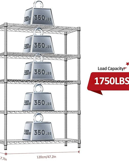 IZEUK 5-Tier Heavy Duty Metal Storage Shelving Unit (Chrome, 17.7" D x 47.2" W x 72.3" H, 1750 lbs Capacity), Adjustable Steel Wire Rack Shelf Organizer for Garage, Kitchen, Pantry, Basement, Laundry