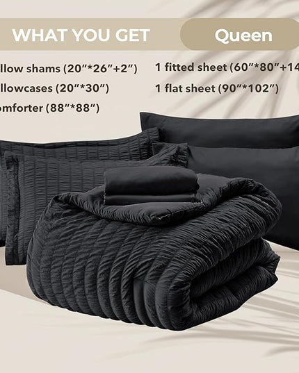 HYMOKEGE Black Queen Comforter Set Seersucker 7 Pieces, All Season Luxury Bed in a Bag for Bedroom, Bedding Set with Comforters, Sheets, Pillowcases & Shams