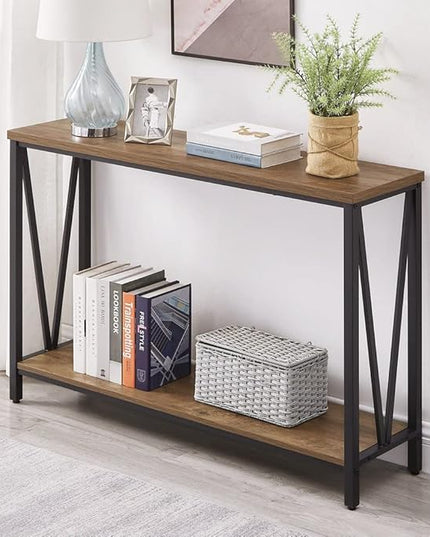 FOLUBAN Rustic Sofa Console Table, 2-Tier Industrial Entryway Hallway Table for Living Room, Oak