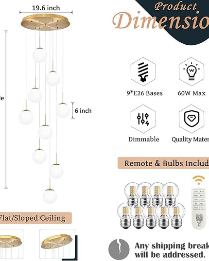 KoKo&Yukina 9-Light Globe Milky White Glass Pendant Light Adjustable Length Pendant Lights Modern Glass Globe Pendant Lights Gold Chandeliers Large Chandeliers for High Ceilings (Bulb & Remote Incl)