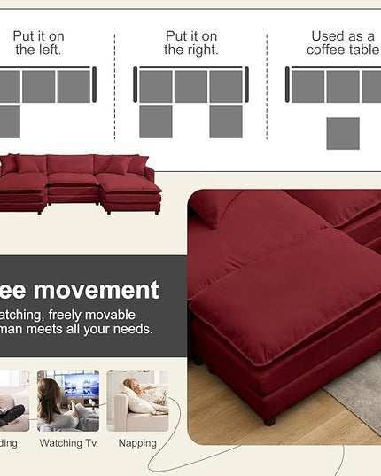 Modular Sectional Sofa,108.27'' Modern Corduroy Sofa Set for Living Room with 3 Seat & 2 Ottoman & 3 Pillows, Comfy Cloud Couches with Movable Ottoman, DIY Combination, Chenille (Wine red, U Shaped)