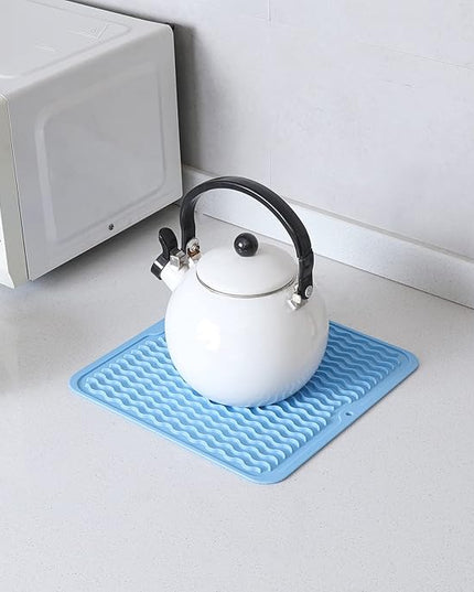 Silicone Dish Drying Mat for Multiple Usage,Easy clean,Eco-friendly,Heat-resistant Silicone Mat for Kitchen Counter or Sink,Refrigerator or Drawer liner Light Blue M 12 inches x 12 inches