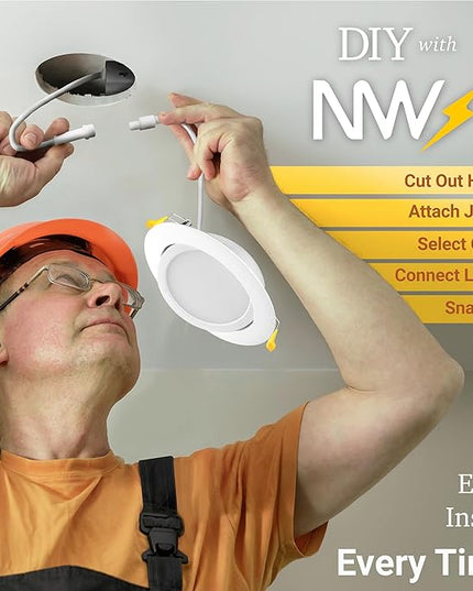NUWATT 6 inch Gimbal LED Recessed Light Canless Wafer Lights, 5CCT 2700K/3000K/3500K/4000K/5000K, Dimmable, 1050LM, 12W, Ultra-Thin Angled Recessed Lighting Directional LED Downlight, ETL, 6 Pack