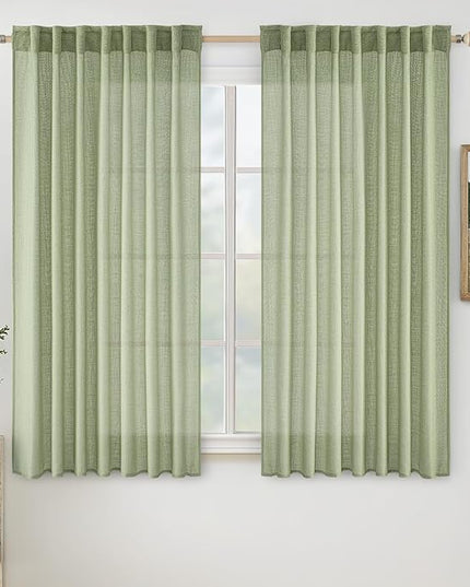 MIULEE Sage Green Linen Curtains 63 Inch Length 2 Panels for Bedroom Living Room, Soft Thick Linen Textured Kitchen Window Drapes Semi Sheer Light Filtering Back Tab Rod Pocket Burlap Look Decor