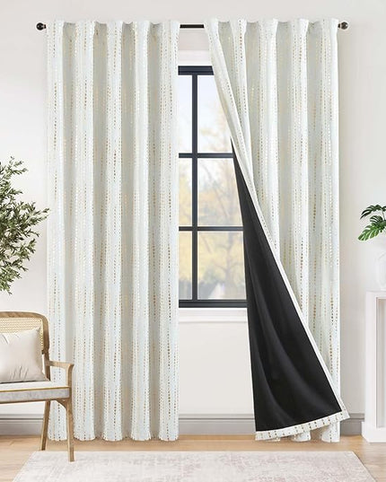 jinchan 95% Blackout Bohemian Moon Phase Print Bedroom Christmas Curtains 90 Inch Length 2 Panels Festive Holiday White Gold Pole Mouth Rear Label Baby Room Rod Pocket Back Tab Curtains