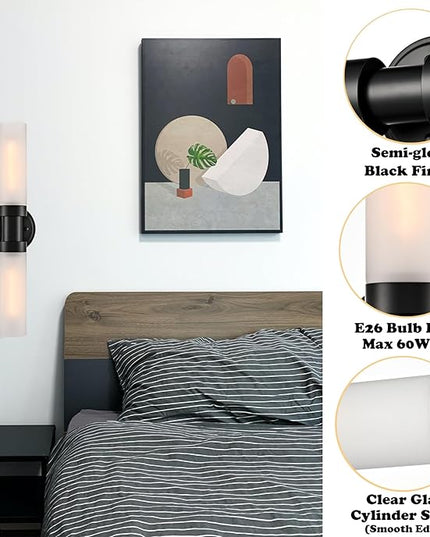 Modern Black Glass Wall Sconce 2-Light Cylinder Bathroom Wall Light Fixtures 20-Inch Frosted Glass Sconces Wall Lighting for Bedroom Living Room Hallway