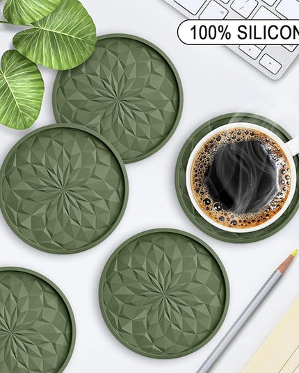 ME.FAN Silicone Coasters with Holder,[6 Pack] Drinking Coasters - Cup Mat for Hot or Cold Drinks, Thickened, Non-Slip, Non-stick,Deep Tray Olive Green