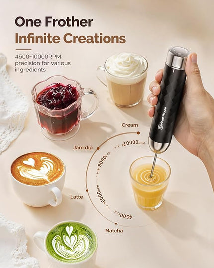 Maestri House Rechargeable Milk Frother with Stepless Speed Control, LunaFro 2.0 Handheld Electric Foam Maker Waterproof Drink Mixer Foamer for Lattes, Cappuccino