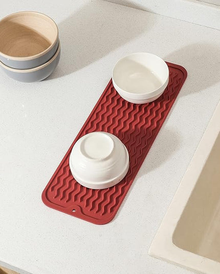 Silicone Dish Drying Mat for Multiple Usage,Easy clean,Eco-friendly,Heat-resistant Silicone Mat for Kitchen Counter,Sink,Bar,Bottle,or Cup Red M 17 inches x 6 inches