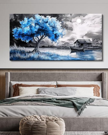 PHAOHUAXM Large Wall Art For Living Room Blue Wall Decor For Bedroom Black White And Blue Trees Wall Pictures Restaurant Office Frame Printing Canvas Large Artwork Modern Home Decoration 30x60 in
