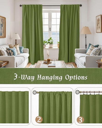 LAMIT Full Blackout Linen Curtains for Bedroom, 54 Inches Thermal Window Drapes Back Tab and Rod Pocket Privacy Protected Burlap Panels with White Liner, 2 Panels, 38 x 54 Inch, Olive Green