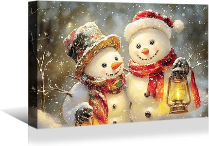 YONICA Christmas Wall Decor Christmas Canvas Wall Art Home Decorations 32x24 Inches - Snowman Pictures Snowman Friends Prints Winter Painting Xmas Artworks for Living Room Bedroom