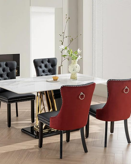 SoarFlash Leather Dining Chairs Set of 4, Tall Back Side Chair, Modern Upholstered Side Chair with Button Back Ring, Solid Wood Legs (Black&Red)