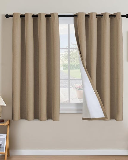 H.VERSAILTEX Linen Curtains 100% Blackout Curtains for Bedroom 54 inch Long Full Light Blocking Nature Linen Blended Window Curtains for Living Room Nickel Grommet (2 Panels, Heathered Macchiato)