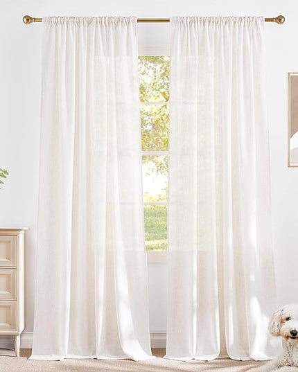 NICETOWN 230GSM Linen Blend Semi Sheer Curtains 96 inches Long, Back Tab & Rod Pocket with Pleat Tab Privacy Farmhouse Window Treatments Light Filtering for Living Room, W52 x L96, 2 Panels