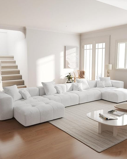 JACH 183.5 Inch U-Shaped Modular Sectional Sofas, Modern 4-Seater Couch with Chaise Ottomans, Mid Century Modern Sectional Couches, Cozy Sleeper Sofa for Living Room (Linen Fabric, White)