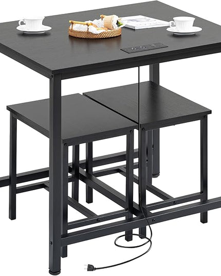 Finnhomy 3-Piece Dining Table Set, Small Kitchen Table with 2 Chairs, LED Light and USB Type-C Power Outlet, Space-Saving Design for Dining Room, Living Room, Apartment, Rustic Black