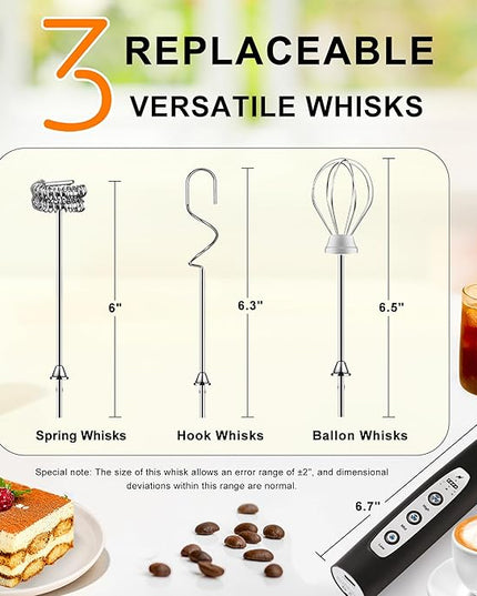 YUSWKO Black Handheld Milk Frother Wand for Coffee, Rechargeable Electric Whisk with 3 Heads 3 Speeds Drink Mixer Coffee Frother For Latte, Cappuccino, Hot Chocolate, Egg