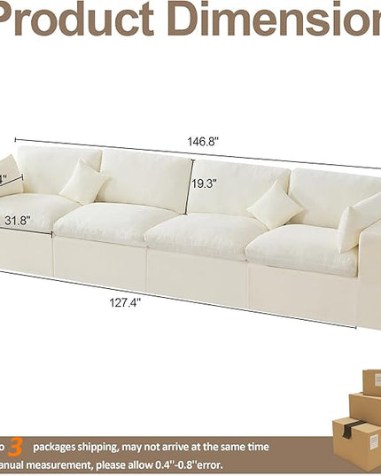 155''Cloud Boneless Sectional Couch, Modular Sectional Sofa Deep Seat, Oversized Upholstered Convertible Comfy 4 Seater Chenille Memory Foam Sofa Couches for Living Room, Beige
