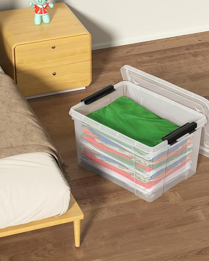 22 Quart Stackable Plastic Storage Bins with Lids and Latching Buckles, 4 Pack Tubs Boxes Organizing, Clear