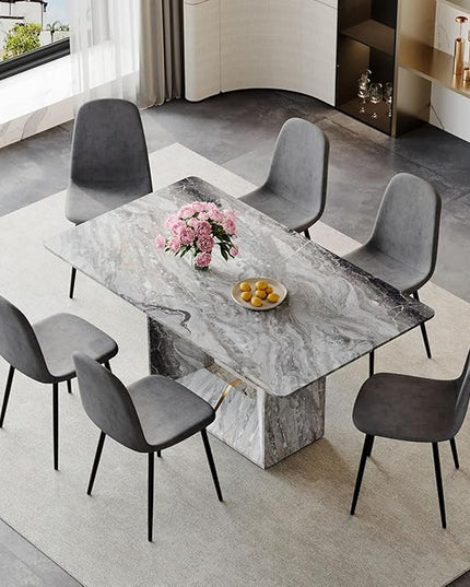 Dinner Table Set for 6, 7 Piece Dining Table Set with Chairs, 63" Faux Marble Modern Table with 6 Linen Fabric Chairs, for Kitchen & Dining Room