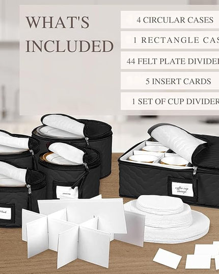 China Storage Containers 5-Piece Set Moving Boxes for Dinnerware, Glasses, Plates, Mugs and Saucers Sturdy Quilted Microfiber Dish Organizer with Dividers for Seasonal Storage - Holds Set of 12, Black