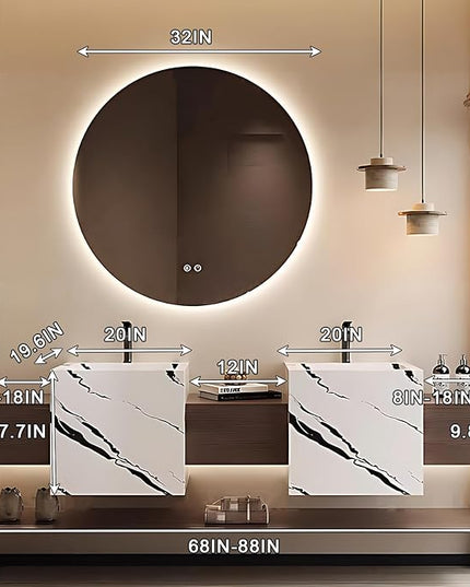 76IN Bathroom Vanity - Double Sink Bathroom Vanities with 3 Drawers, Include Smart Mirror with LED Lights & Defogging Function | Solid Wood Bathroom Cabinet with Open Style Shelves, Brown+White