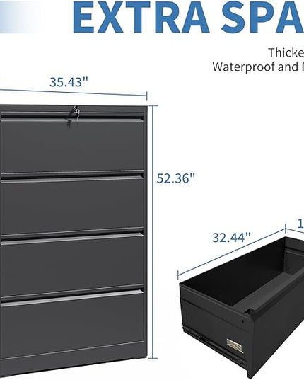 File Cabinets 4 Drawer,Metal Office Storage Filing Cabinet with Lock,Black Lateral Filing Cabinet for Home Office,Horizontal Locking File Cabinet for Legal/Letter/A4 Files,Assembly Required