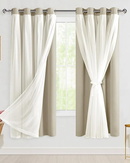 Hiasan Blackout Curtains with Sheer Overlay, Grommet Thermal Insulated Privacy Mix and Match Double Layer Window Curtains for Bedroom, Living Room, 2 Drape Panels Sewn with Tiebacks, Taupe, 52W X 63L