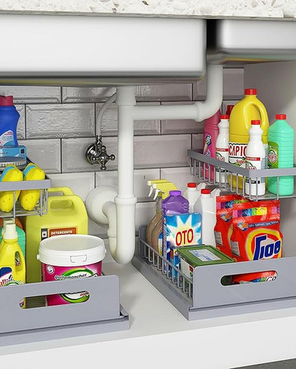 REALINN Under Sink Organizer, Pull Out Cabinet Organizer 2 Tier Slide Out Sink Shelf Cabinet Storage Shelves, Storage for Kitchen Bathroom, Grey, 2 Pack