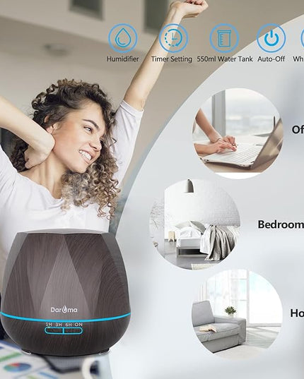 550ml Essential Oil Diffuser, DAROMA Upgraded Remote Control 6 in 1 Aromatherapy Ultrasonic Cool Mist Humidifier, 7 Color Changing Mood Lights & Waterless Auto-Off for Home Office Gift, Dark Wood