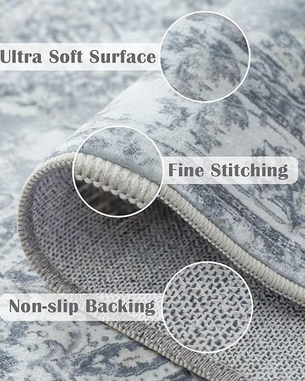 jinchan Fiora Runner Rug 2x5 Washable Hallway Runner- Vintage Floral Non Slip Low-Pile Soft Thin Kitchen Rug Distressed Carpet for Farmhouse Bedroom Entryway Laundry Room(2x5ft, Grey)