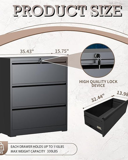 3 Drawer Lateral File Cabinet with Lock, Lateral File Cabinets for Home Office, Metal File Cabinet, Heavy Duty File Storage Cabinet for Legal/Letter/A4 Document, Assembly Required, Black