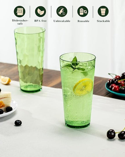 26oz Acrylic Glasses Drinkware (Set of 6), Hammered Design Shatter-Proof Plastic Cups, Reusable Large Drinking Tumblers, Stackable, BPA-Free, Dishwasher-Safe (Green)