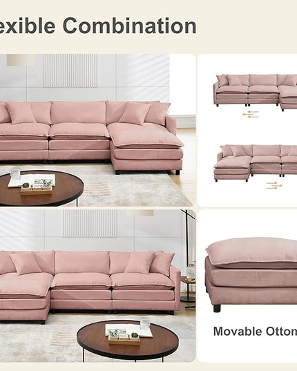 Modular Sectional Sofa,108.27'' Modern Sofa Sleeper Couch with 3 Seat & 1 Ottoman & 3 pillows Sofa Set,Comfy Cloud Couches with Movable Ottoman Deep Seat Sofa for Living Room Chenille (pink, L shaped)