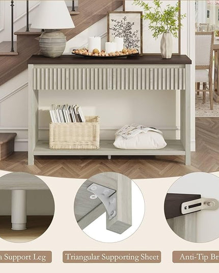 BON AUGURE Entryway Table with Storage, 47In Console Table with 2 Drawers, Two-Tier Sofa Console Tables for Living Room, Modern Hallway Tables, Walnut and Washed Grey Oak