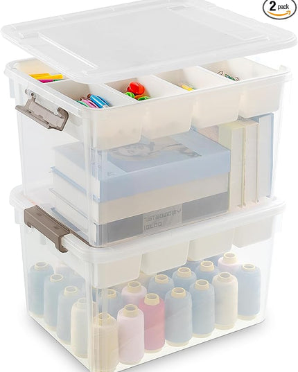 Citylife 32 QT Plastic Storage Bins with Removable Tray Large Stackable Storage Containers for Organizing Craft Storage and Storage Craft, Clothes, Files, Office Supplies, 2 Packs