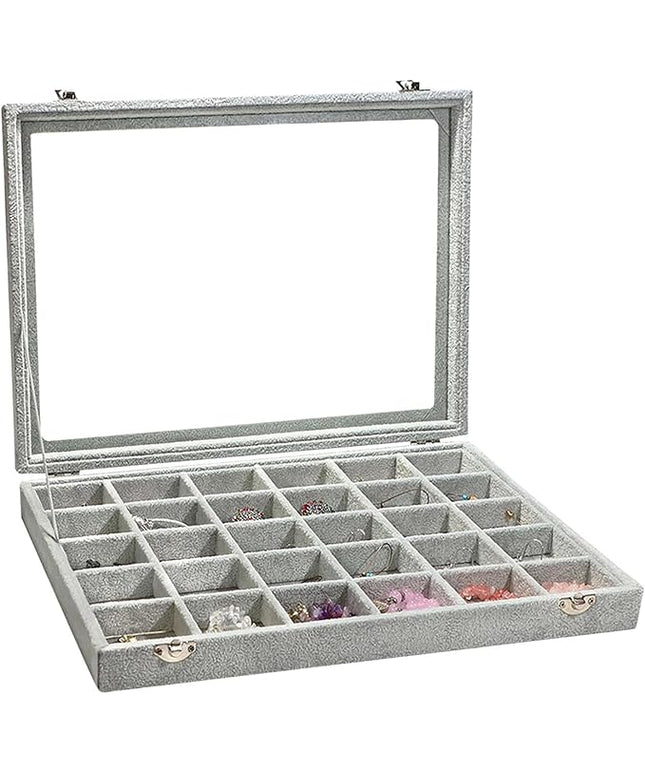 Stratalife Jewelry Organizer Jewelry Holder Storage Earring Organizer Box Tray with Lid Velvet Earring Display for Drawer 30 Grid Grey
