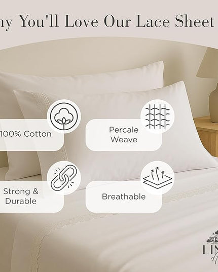 Linen Home 100% Cotton Percale Gardenia Lace Pillowcases King Size, White, 2 Pieces of Pillow Case, Crisp and Cool Strong Bed Linen, 20 inches X 40 inches