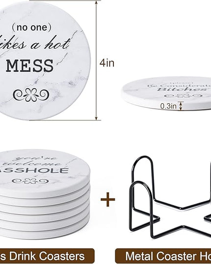 Hoewina 6Pcs Drink Coasters with Holder, Marble Style Ceramic Drink Coaster, Absorbent Coasters Set Suitable for Kinds of Cups, Modern Style Coasters for Coffee Table, 4 Inches（Style 10）