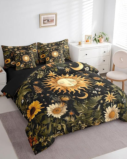 Feelyou 7Pcs Sun and Moon Comforter Sets Twin Size, Butterfly Moth Flower Rustic Garden Comforter Set Bed in a Bag(1 Comforter, 1 Flat Sheet 1 Fitted Sheet 2 Pillowcases and 2 Throw Pillow Covers)