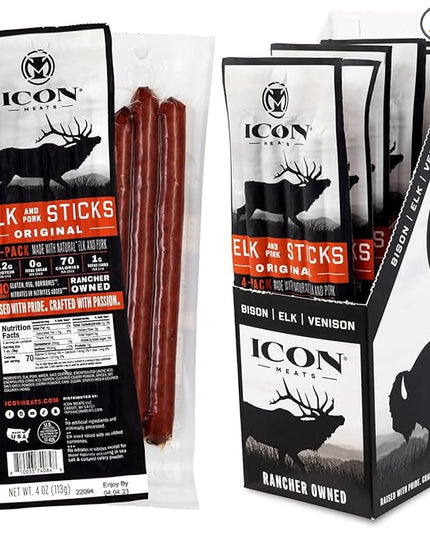 ICON Meats Elk and Pork Snack Sticks, Original, 6 Pack of High Protein Snacks, 4 Meat Sticks per Pack, Low Sugar, Gluten Free, Natural, USDA Inspected, Made in the USA, Gifts or Stocking Stuffers