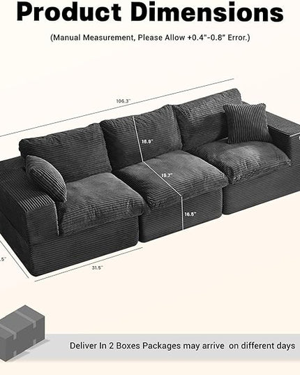106.3” Sectional Couches for Living Room, Cloud Couch, Modular Sectional Sofa, Convertible Sofas Bed, Deep Seat Sofa, Corduroy, Gray