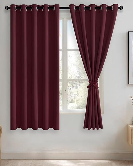JIUZHEN Burgundy Blackout Curtains with Tiebacks Thermal Insulated, Light Blocking and Noise Reducing Grommet Curtains for Bedroom and Living Room, Set of 2 Window Curtain Panels, 60 x 63 Inch Length