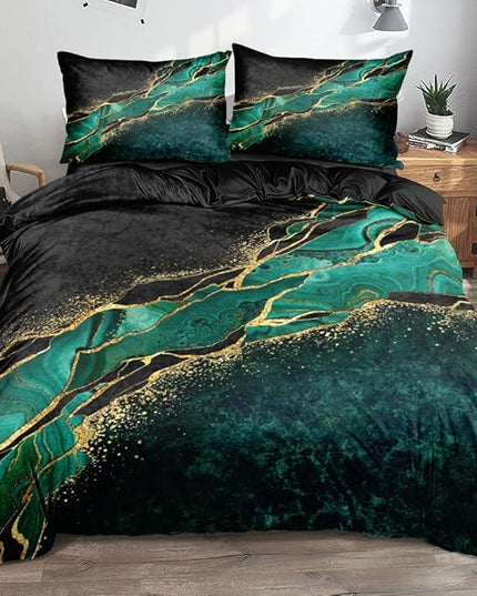 Black and Green Marble Duvet Cover Set Twin Size Gold Veins Malachite Comforter Cover Bedding Set Luxry Art Decor Bedroom